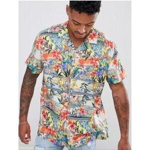 ASOS DESIGN RELAXED HAWAIIAN FLORAL POSTCARD PRINT BUTTON - UP . SIZE 2XL